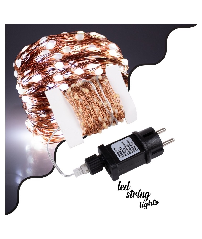 85843 Διακοσμητική Γιρλάντα 20 Μέτρα με Controller 8 Προγραμμάτων Εναλλαγών Φωτισμού - 200 LED 1.3W AC 230V με Χάλκινο Καλώδιο & Πρίζα Schuko Αδιάβροχη IP44 Ψυχρό Λευκό 6000K Μ20m